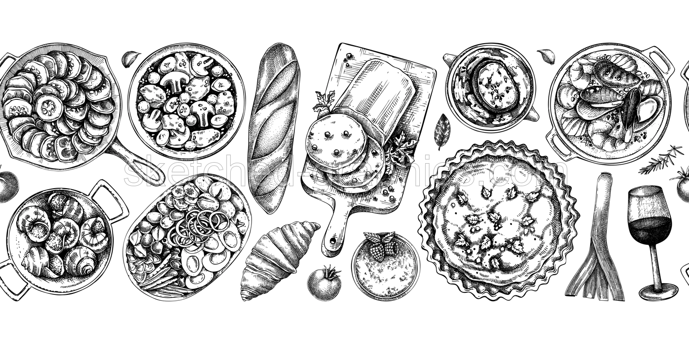 French cuisine dishes vintage drawings collection. Traditional food from France sketches set. French restaurant menu design elements. Hand-drawn food illustration, NOT AI generated Illustration